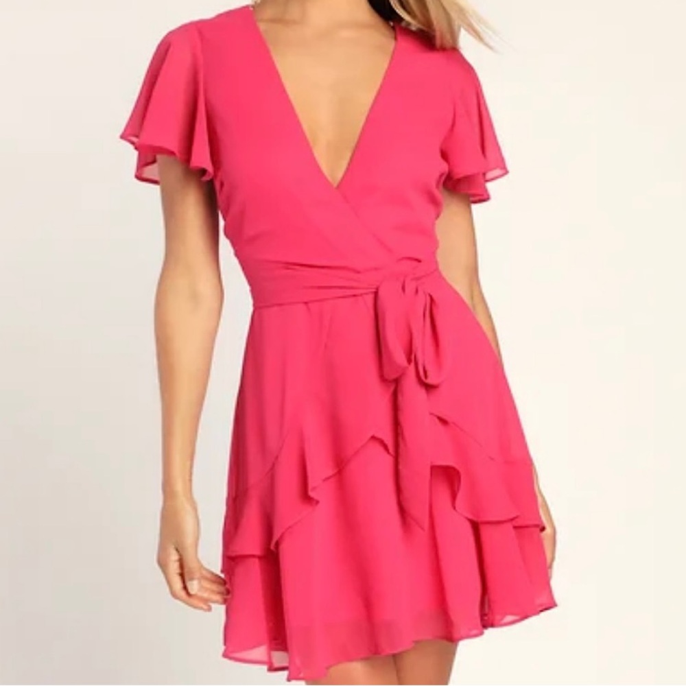 Lulu's Hot Pink Wrap Mini Dress